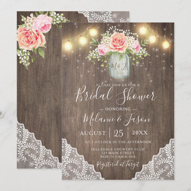 Rustic Pink Flowers Mason Jar Lace Bridal Shower Invitation (Front/Back)