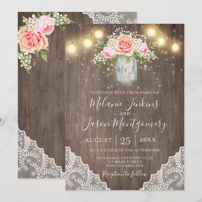 Rustic Pink Flowers Mason Jar Lace Wedding Invitation (Front/Back)