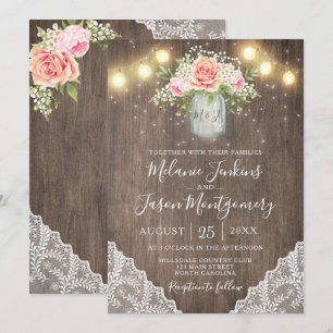 Rustic Pink Flowers Mason Jar Lace Wedding Invitation