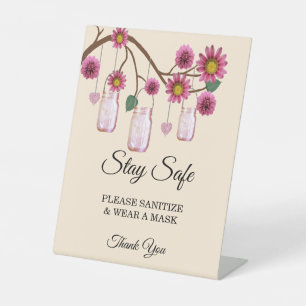 Rustic Pink Flowers Mason Jar Wedding Safety Pedestal Sign