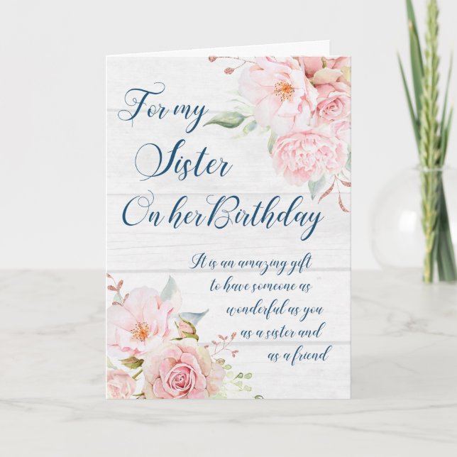 Rustic Pink Flowers Sister Birthday Card (Front)