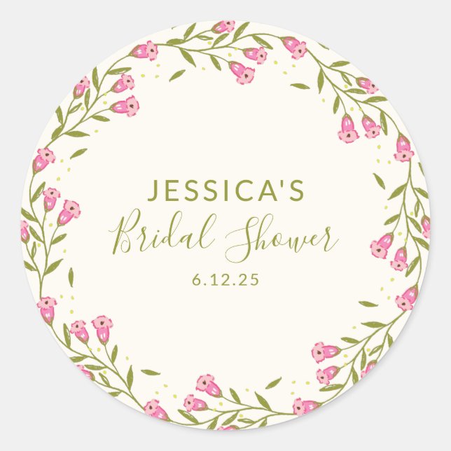 Rustic Pink Garden Flowers Custom Bridal Shower Classic Round Sticker (Front)