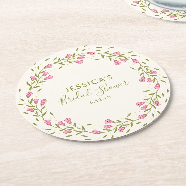 Rustic Pink Garden Flowers Custom Bridal Shower Round Paper Coaster (Angled)