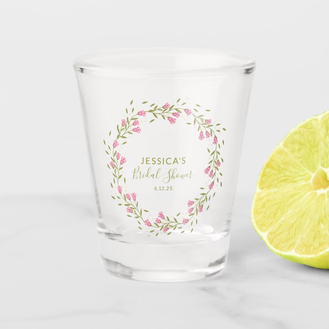 Rustic Pink Garden Flowers Custom Bridal Shower  Shot Glass (Front)