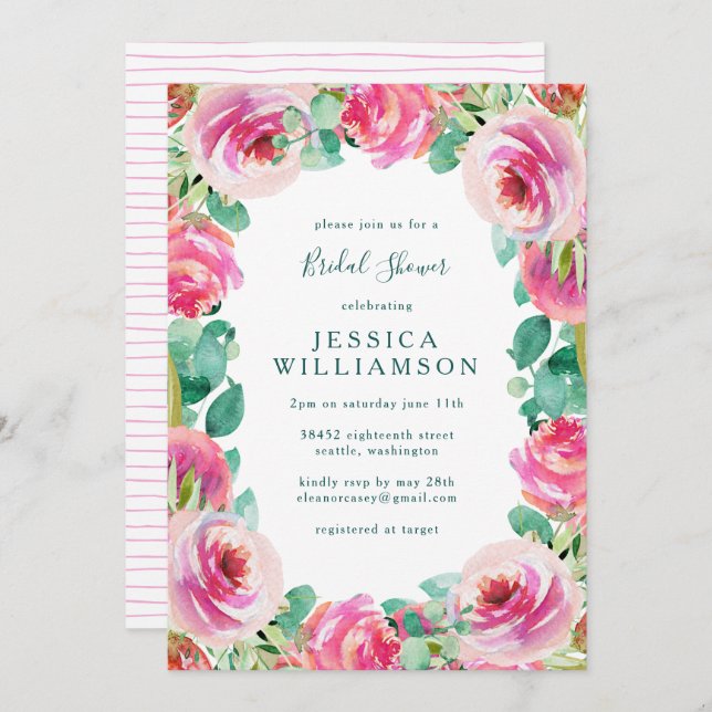 Rustic Pink Garden Roses Floral Bridal Shower Invitation (Front/Back)