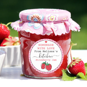 Rustic Pink Gingham Homemade Strawberry Jam Classic Round Sticker