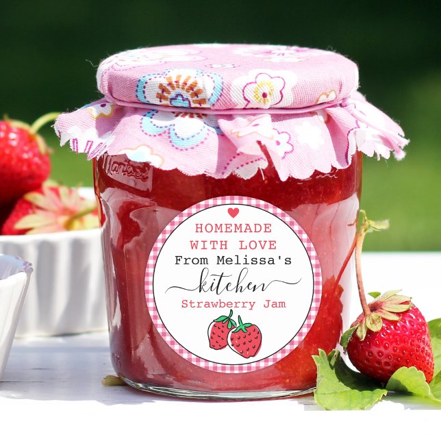 Rustic Pink Gingham Homemade Strawberry Jam   Classic Round Sticker (personalized strawberry jam jar label)