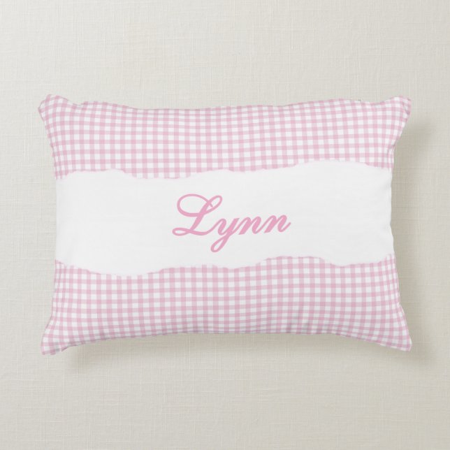 Rustic Pink Gingham Personalized Name Decorative Cushion (Front)