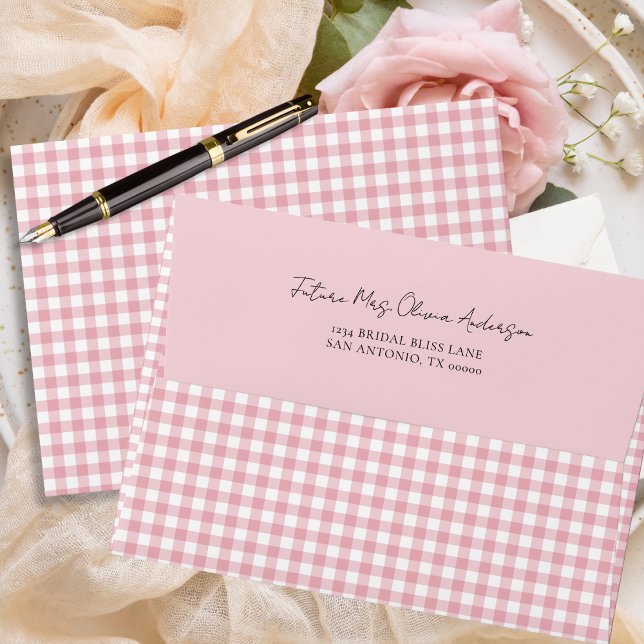 Rustic Pink Gingham Plaid Pattern Addressed Envelope (Creator Uploaded)