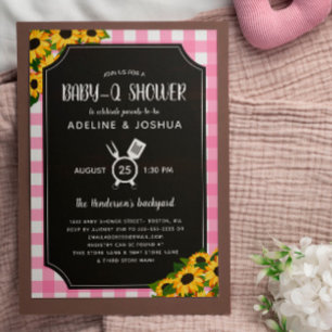 Rustic Pink Gingham Sunflowers Girl Baby-Q Shower Invitation