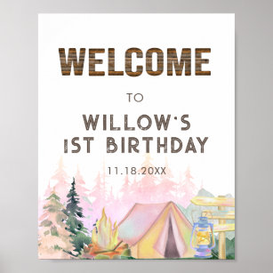 Rustic Pink Girl Camping Birthday Welcome  Poster