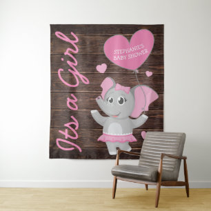 Rustic Pink Girl Elephant Baby Shower Backdrop Tapestry