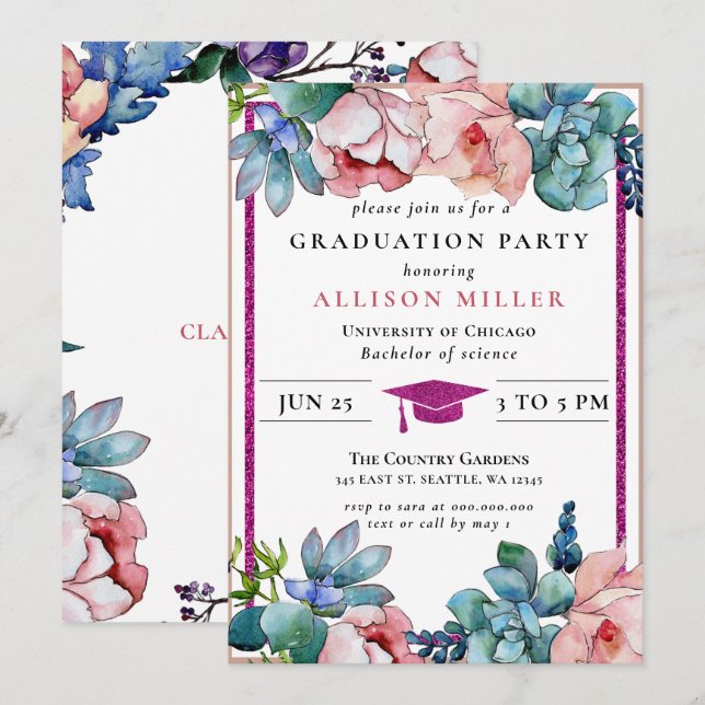 Rustic Pink Glitter Floral Botanical Graduation Invitation (Front/Back)