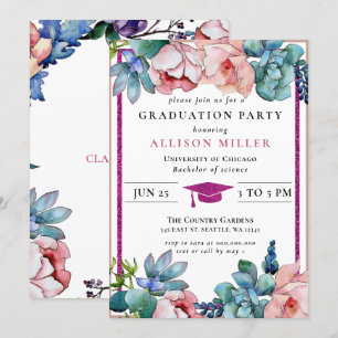 Rustic Pink Glitter Floral Botanical Graduation Invitation