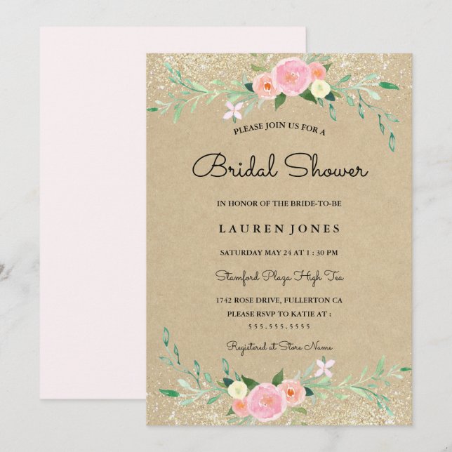 Rustic Pink Glitter Floral Bridal Shower Card (Front/Back)