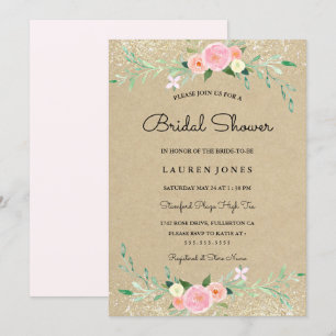 Rustic Pink Glitter Floral Bridal Shower Card