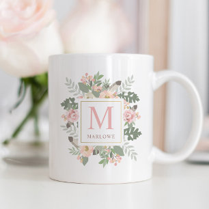 Rustic Pink Gold Floral Boho Custom Monogram Coffee Mug