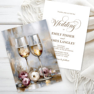 Rustic Pink Gold Floral Champagne Glasses Wedding Invitation