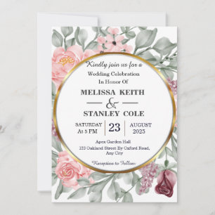 Rustic Pink & Gold Frame Floral Greenery Wedding Invitation
