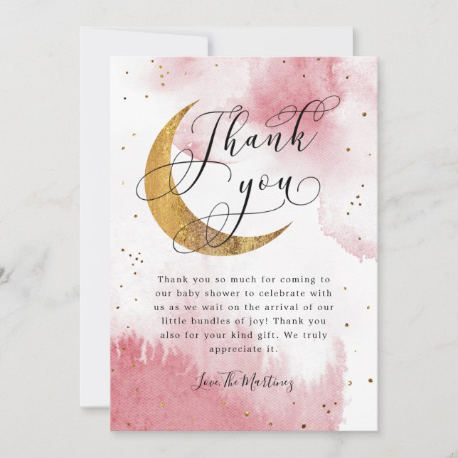 Rustic Pink Gold Moon Stars Baby Shower Thank You Card (Front)
