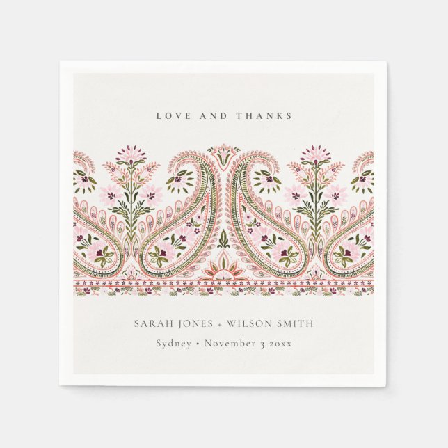 Rustic Pink Green Floral Paisley Motif Wedding Napkin (Front)