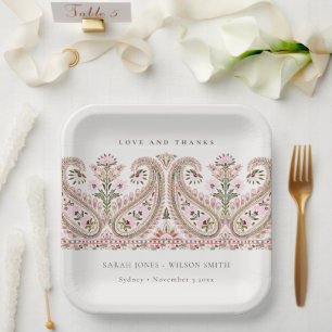 Rustic Pink Green Floral Paisley Motif Wedding Paper Plate