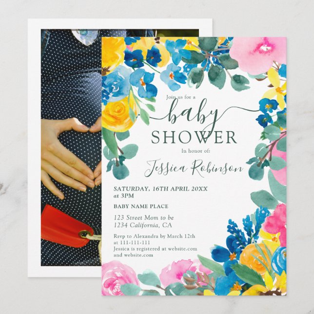 Rustic pink green floral photo baby shower invitation (Front/Back)