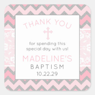 Rustic Pink Grey Baptism thank you favour sticker