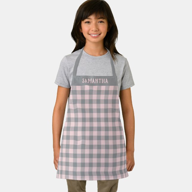 Rustic Pink Grey Buffalo Plaid Pattern Custom Apron (Insitu)