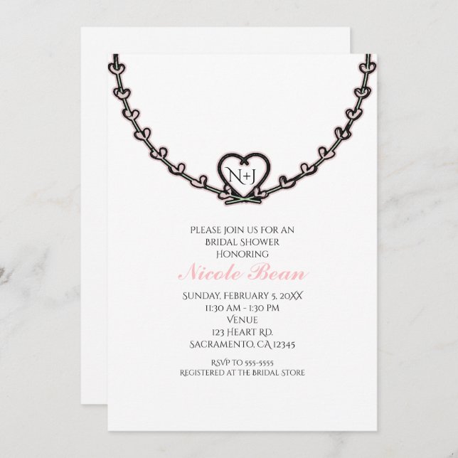 Rustic Pink Heart Vine Bridal Shower Party Invitation (Front/Back)
