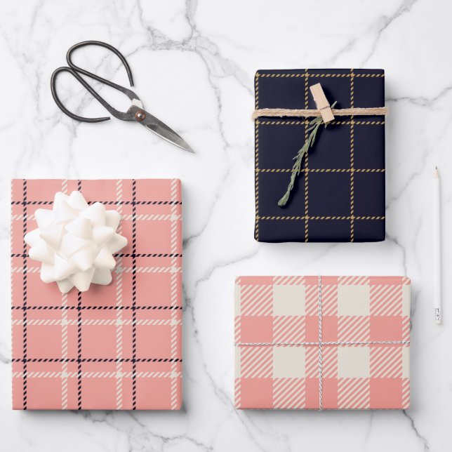 Rustic Pink Holiday Plaid and Tweed Wrapping Paper Sheet (Front)