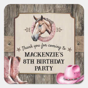 Rustic Pink Horseback Riding Birthday Party Square Sticker