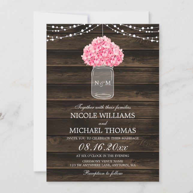 Rustic Pink Hydrangea Mason Jar Barn Wood Wedding Invitation (Front)