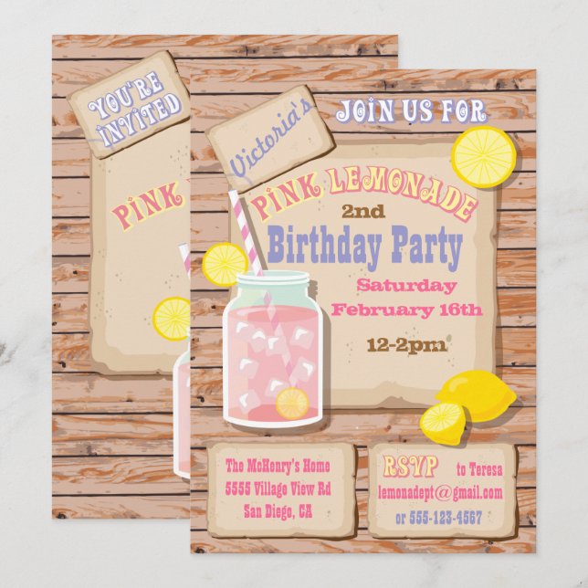 Rustic Pink Lemonade Birthday Party Invitations (Front/Back)