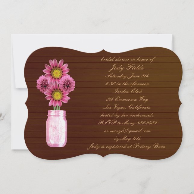 Rustic Pink Mason Jar Bridal Shower Invitation (Front)