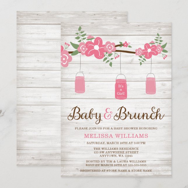 Rustic Pink Mason Jar Girl Brunch Baby Shower Invitation (Front/Back)