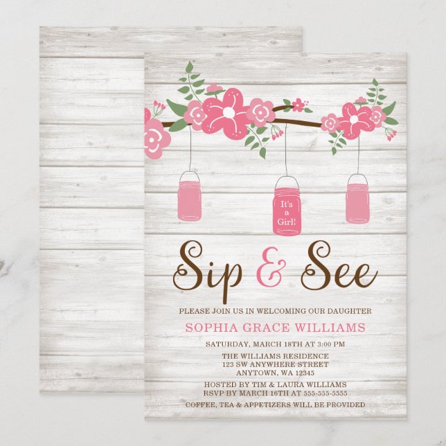 Rustic Pink Mason Jar Girl Sip and See Invitations (Front/Back)