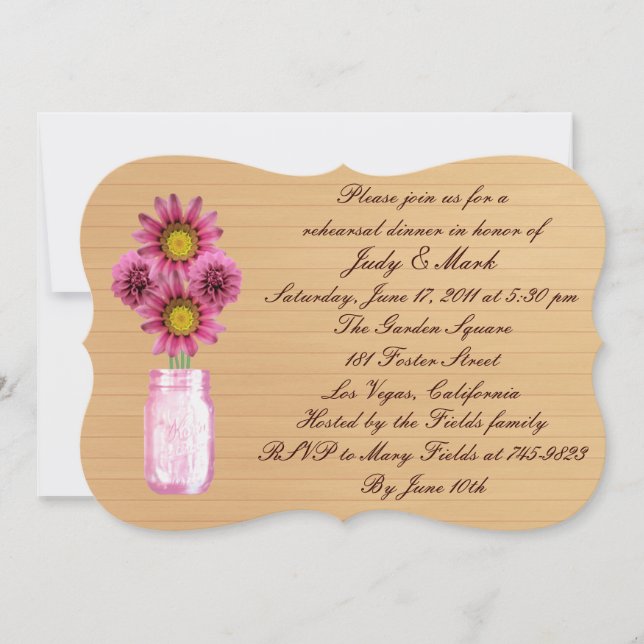Rustic Pink Mason Jar Rehearsal Dinner Invite (Front)