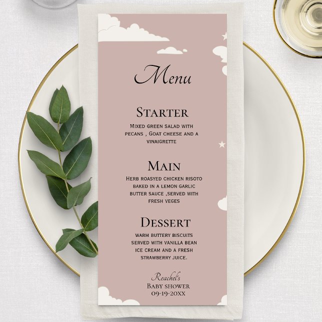 Rustic Pink Minimal cloud theme baby shower Menu (Creator Uploaded)