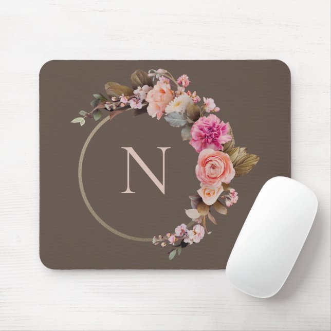 Rustic Pink Monogram Floral Gold  Mouse Mat (With Mouse)