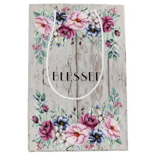 Rustic Pink & Navy Floral Barn Wood Blessed Medium Gift Bag