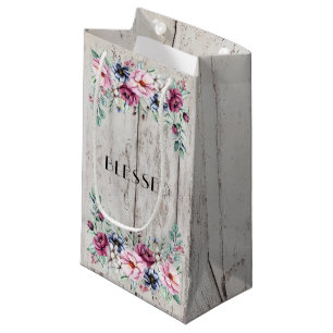 Rustic Pink & Navy Floral Barn Wood Blessed Small Gift Bag
