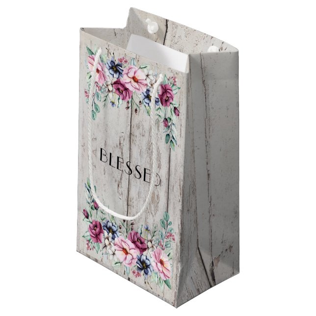 Rustic Pink & Navy Floral Barn Wood Blessed Small Gift Bag (Front Angled)