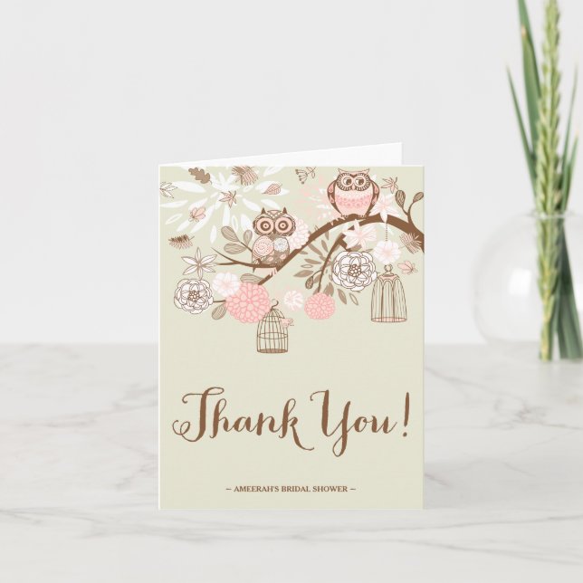 Rustic Pink Owls and Birdcages Thank You Note Card (Front)