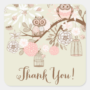 Rustic Pink Owls and Birdcages Thank You Sticker