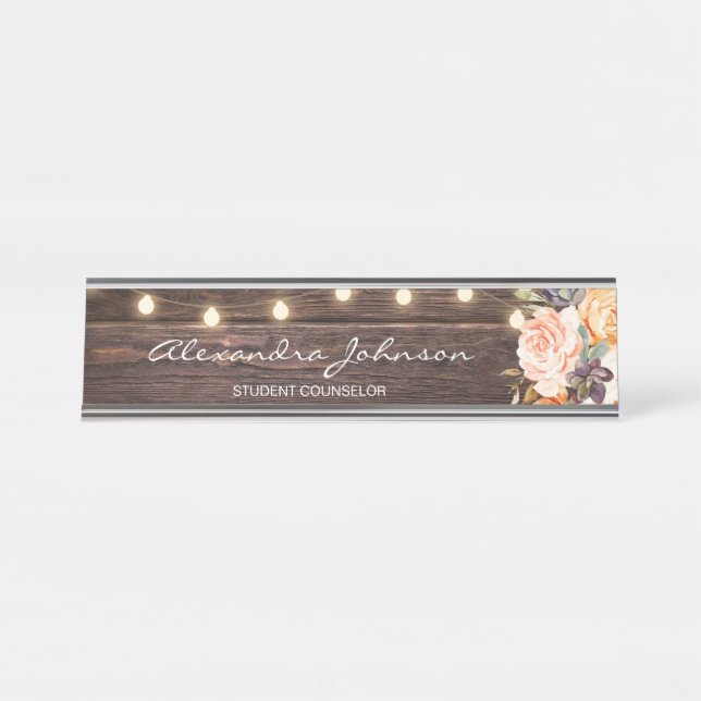Rustic Pink & Peach Floral Wood Lights & Title Desk Name Plate (Front)