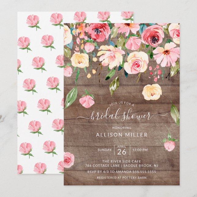 Rustic Pink Peonies Rose Floral Bridal Shower Invitation (Front/Back)