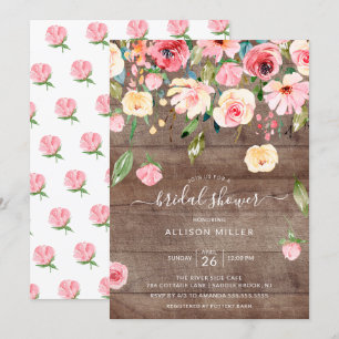 Rustic Pink Peonies Rose Floral Bridal Shower Invitation