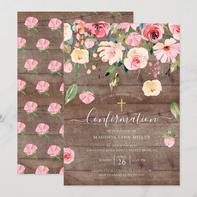 Rustic Pink Peonies Rose Floral Confirmation Invitation (Front/Back)