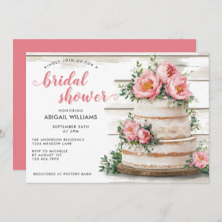 Rustic Pink Peony Cake Floral Bridal Shower Invitation